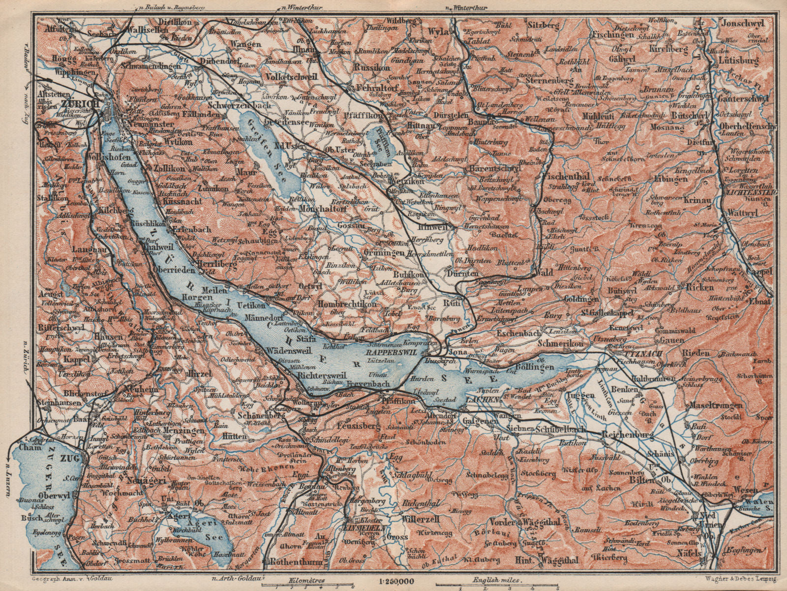 LAKE ZÜRICH. Zuricher See Lachen Utznach.Topo-map. Switzerland Schweiz 1897